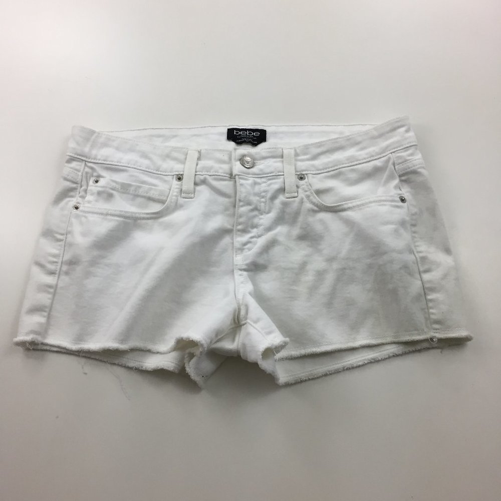 BEBE Optic White Raw Edge Icon 5 Pocket Logo Hardware Cut Offs Denim Shorts